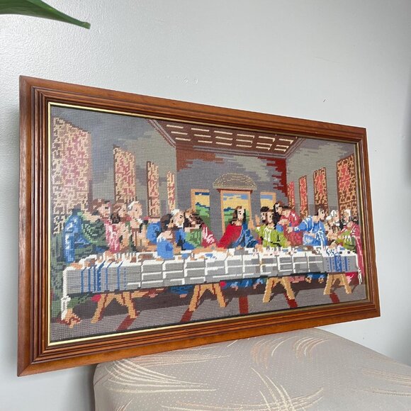 Vtg Needlepoint, Last Supper (Leonardo da Vinci) Framed-Penelope S355-Religious - Picture 2 of 10